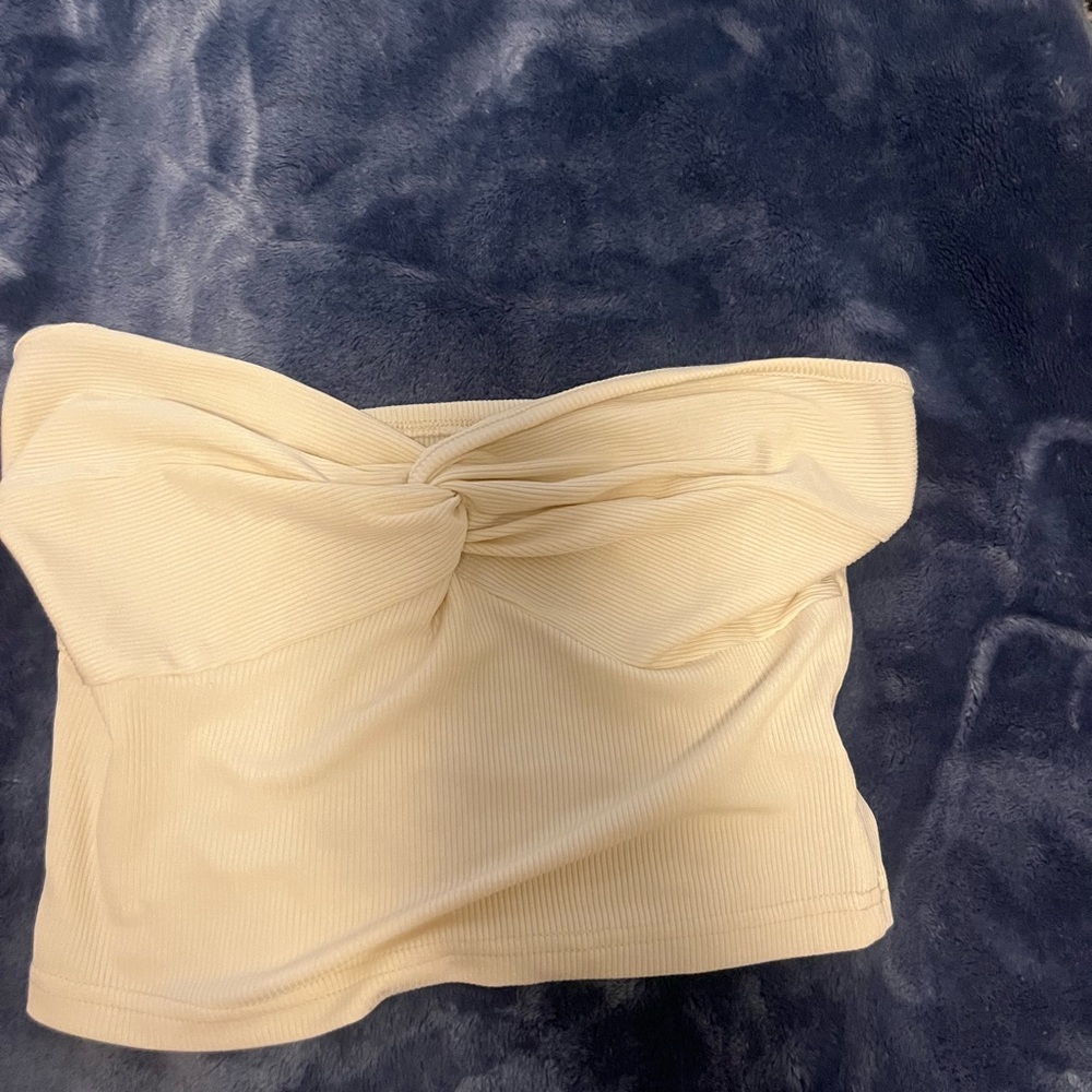 SHEIN Cream Ribbed Twist Front Crop Top